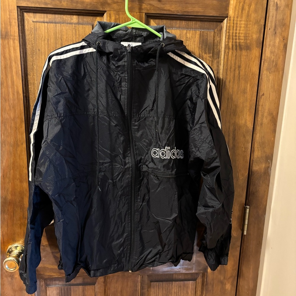 Adidas Men's Black Windbreaker with White Stripes windbreaker